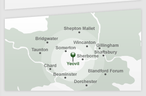 Map showing locations covered by Yeovil Grab Hire